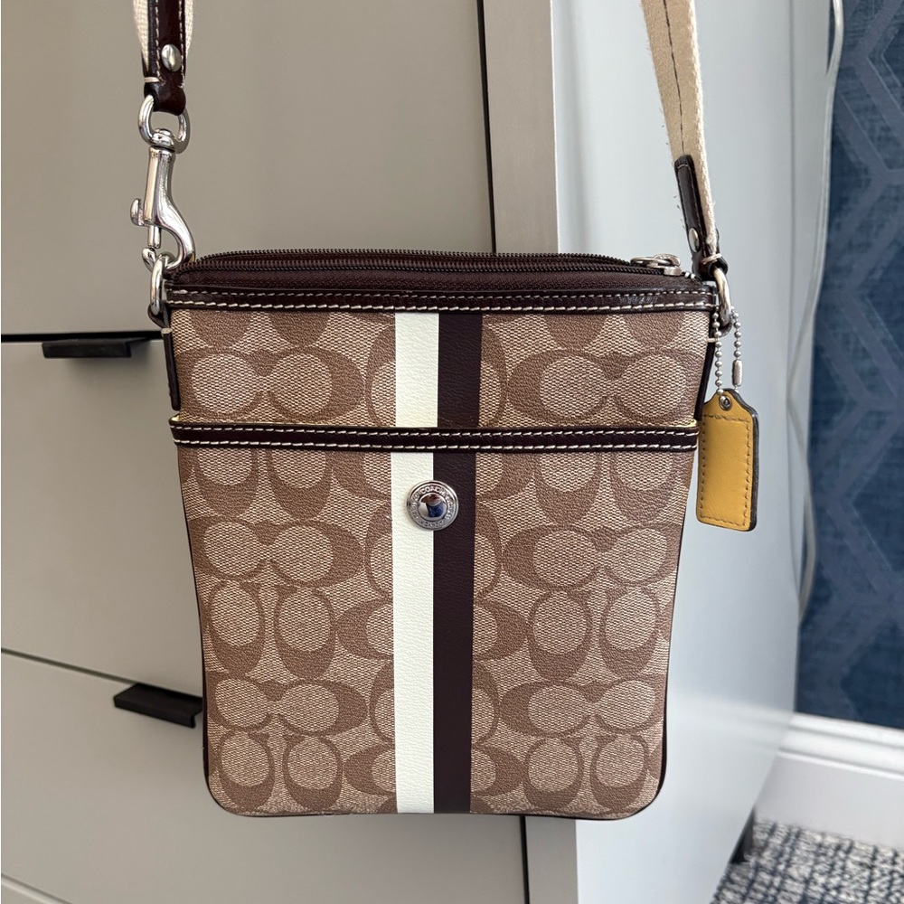 COACH Signature Stripe Crossbody Bag - Brown/Tan Canvas - Travel Classic